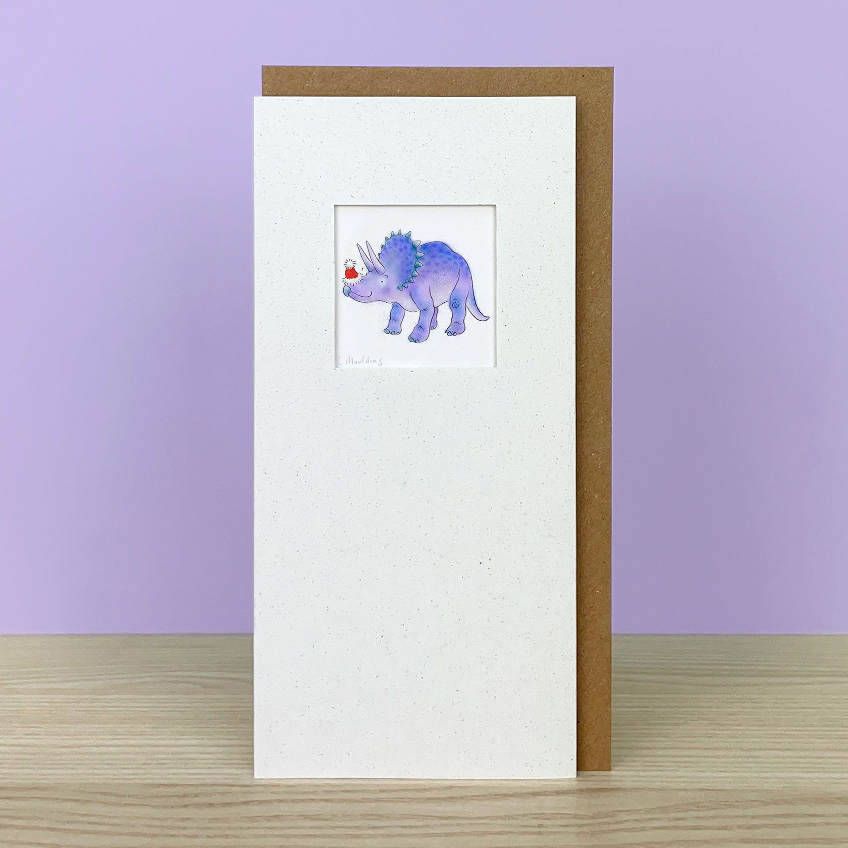 Handmade Triceratops Purple Christmas Card - Image 2